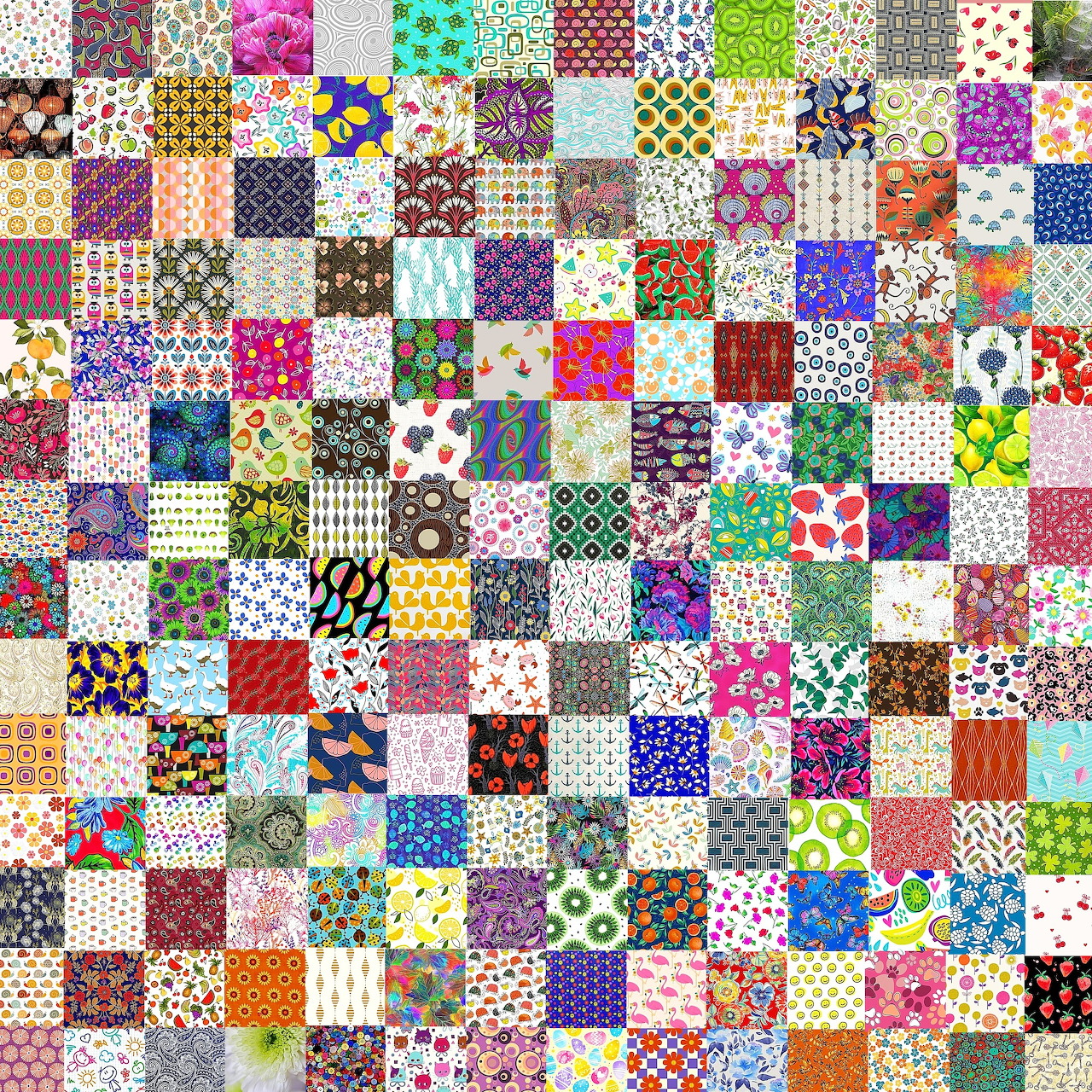 Grid of many small squares each showing a different colorful pattern forming a patchwork quilt layout