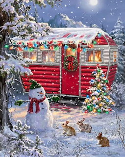 Red camper trailer decorated for Christmas in a snowy forest with a snowman, lit trees, and rabbits