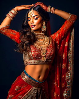 Woman in red embellished Indian lehenga with gold jewelry and mehndi, hand raised to head in elegant pose