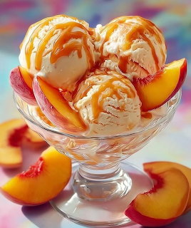 Vanilla ice cream with caramel sauce and fresh peach slices in crystal sundae glass