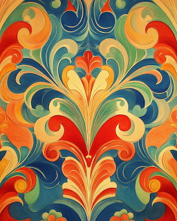 Art Nouveau style ornamental pattern with symmetrical floral swirls in warm orange, blue, yellow and red tones