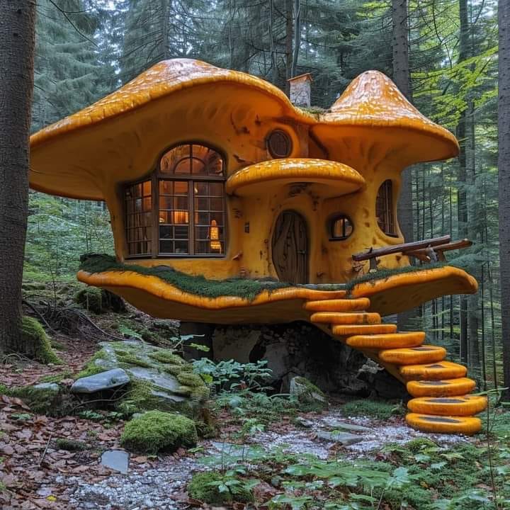 Fantasy mushroom house with orange curved roofs and spiral stairs in forest