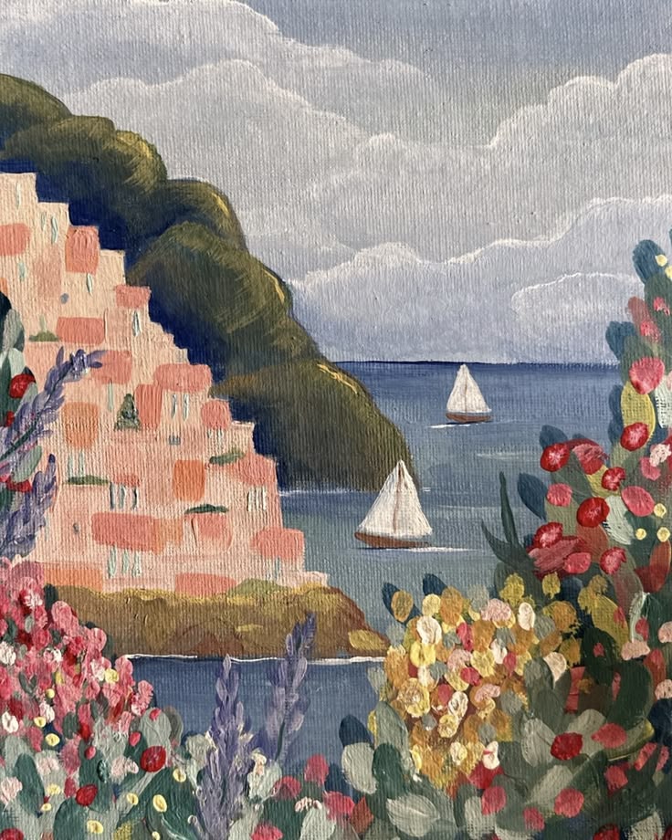 Painted coastal scene with pink stone wall, wildflowers, green cliffs, and two white sailboats on blue water