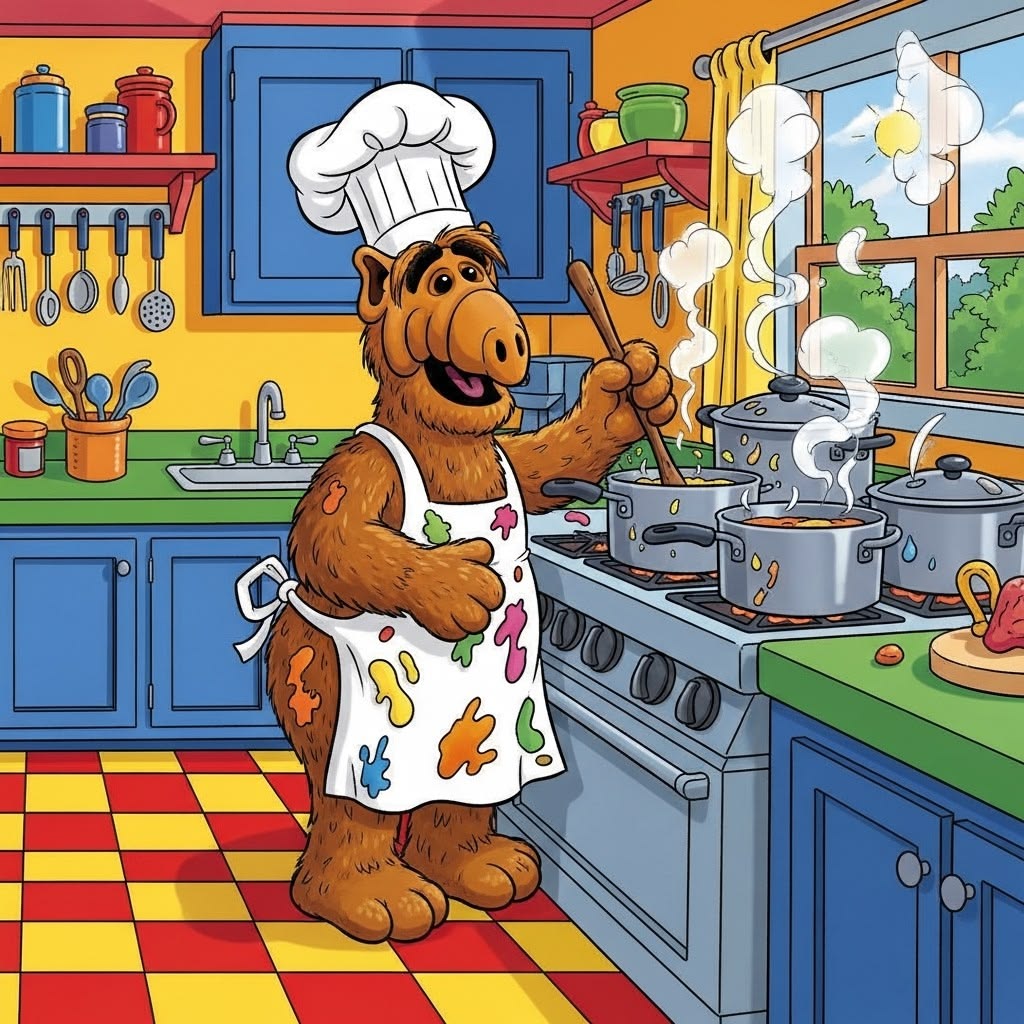 Alf the alien in chef outfit cooking at stove in cheerful cartoon kitchen