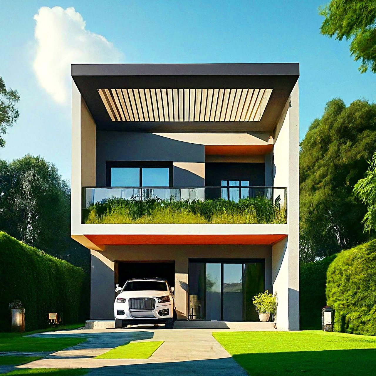 Contemporary two-story house with geometric facade, large windows, and white car in driveway