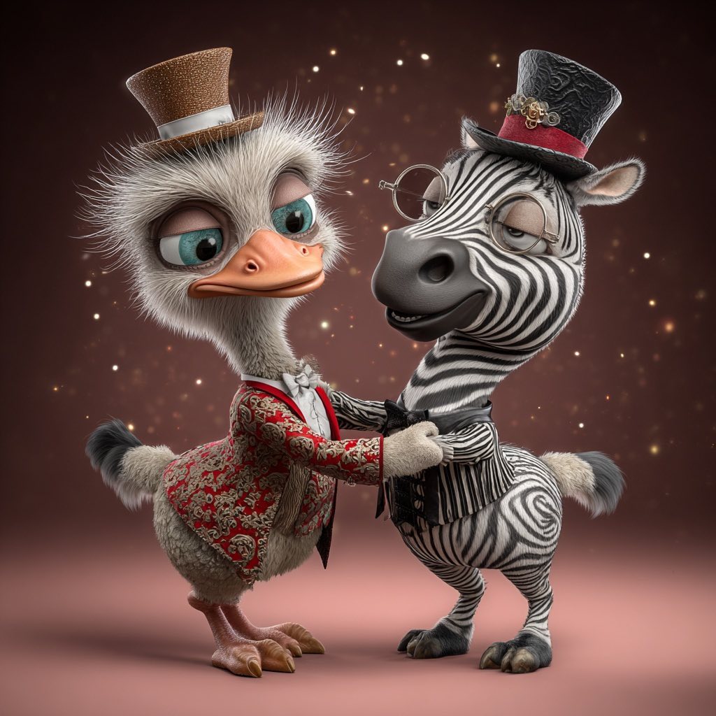 3D rendered ostrich and zebra characters in formal wear dancing on stage with sparkles