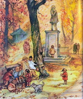 Illustrated autumn park scene with children playing near a statue surrounded by golden and red leaves