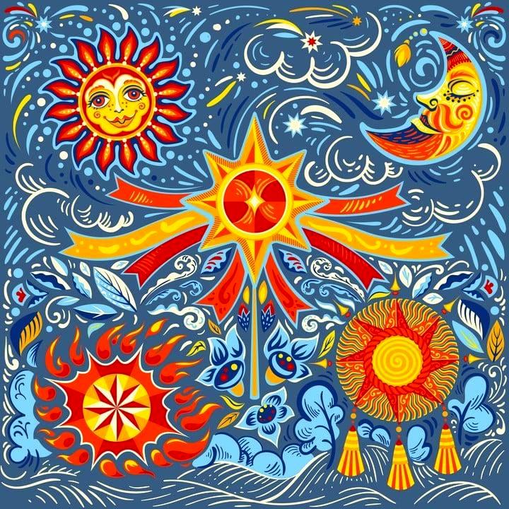 Decorative art with four celestial designs: suns and moons with faces surrounded by swirling blue ornamental patterns