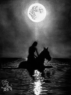 Pencil drawing of a horse and rider silhouette under a full moon with light reflecting on water
