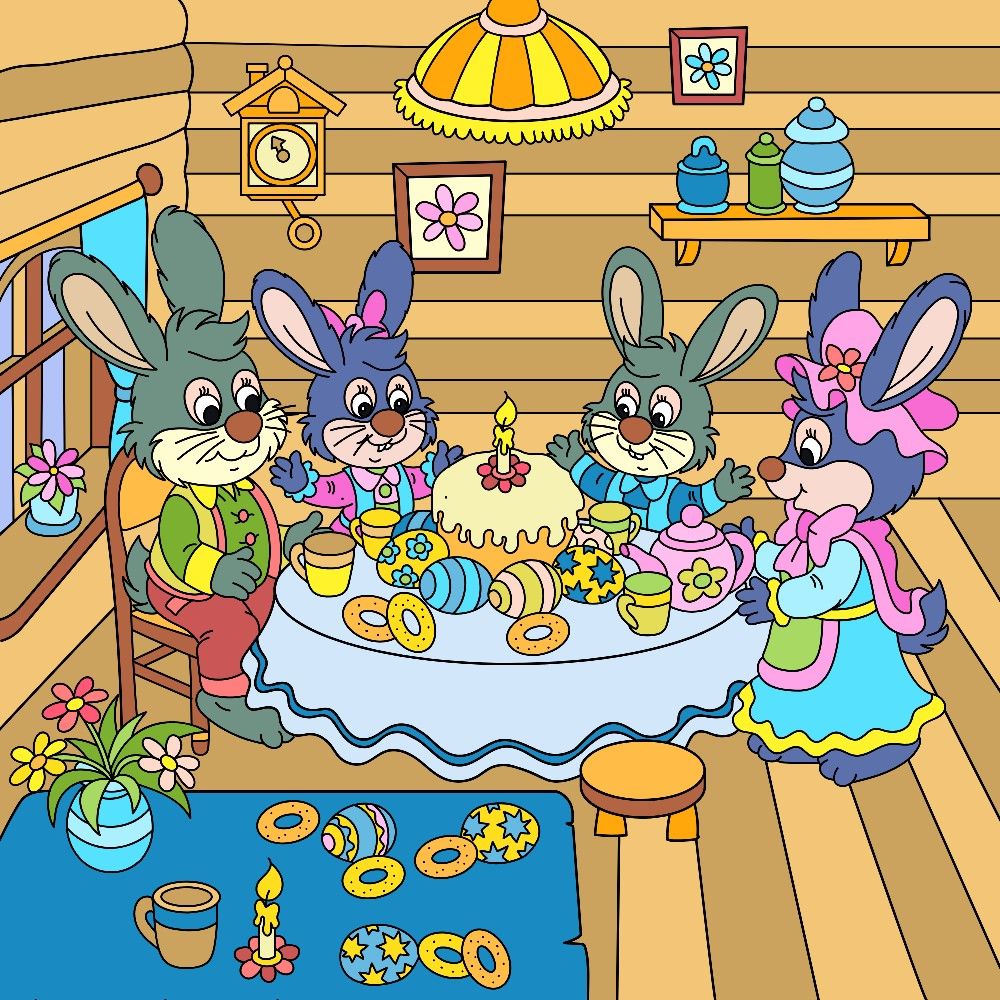 Four cartoon bunnies celebrating around a birthday cake table with candles, presents, and festive decorations