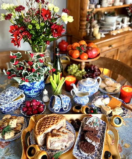 Festive Table with Food and Flowers
