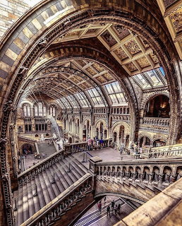 View of a grand museum interior with ornate arches, vaulted ceiling, and sweeping staircases