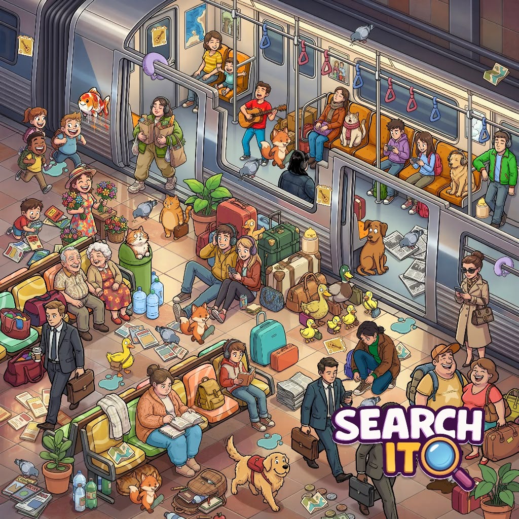 Illustrated overhead view of crowded train station platform with many passengers and colorful luggage