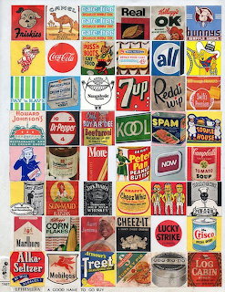 Collage of vintage brand advertisement labels and product packaging from various companies arranged in a grid pattern