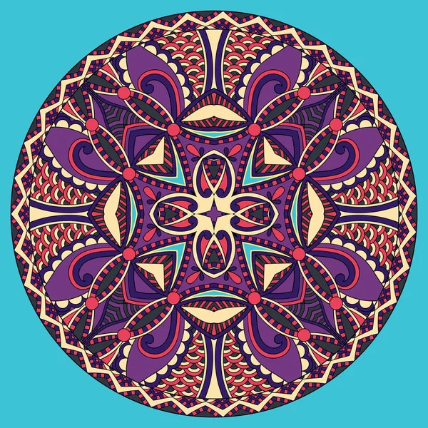 Detailed purple and orange mandala with geometric patterns on turquoise background