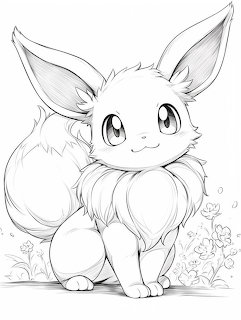 Pencil sketch of Eevee Pokémon character with fluffy fur and large ears sitting in a field