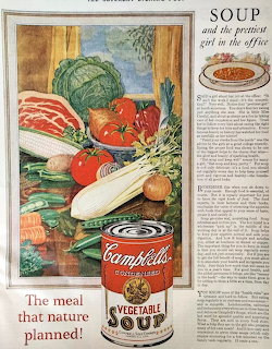 Vintage Campbell's Vegetable Soup advertisement with fresh vegetables and soup can