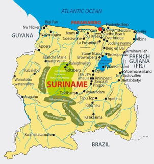 Political map of Suriname with cities, rivers, and neighboring countries