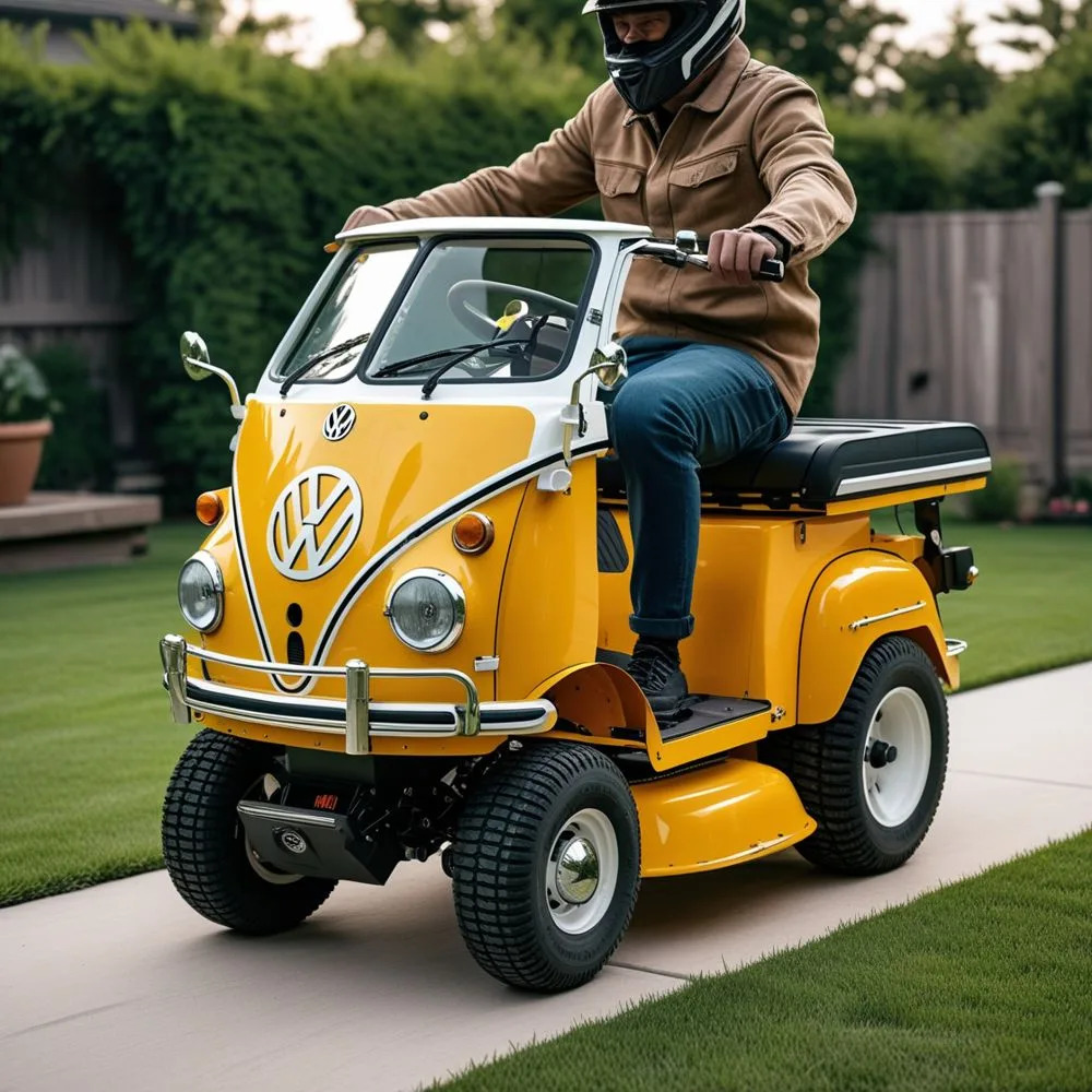 Person riding a yellow Volkswagen bus-themed lawn mower on a garden path