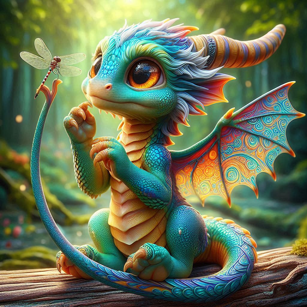 Colorful baby dragon sitting on a log holding a dragonfly in a fantasy forest