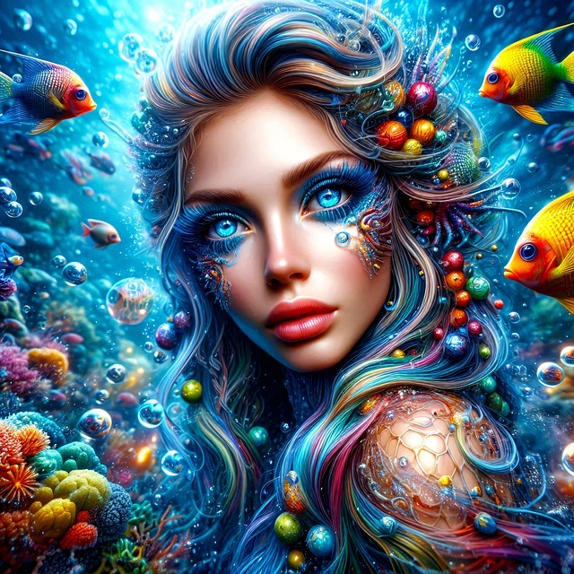 Fantasy illustration of an underwater woman with blue eyes, colorful fish, bubbles, and coral