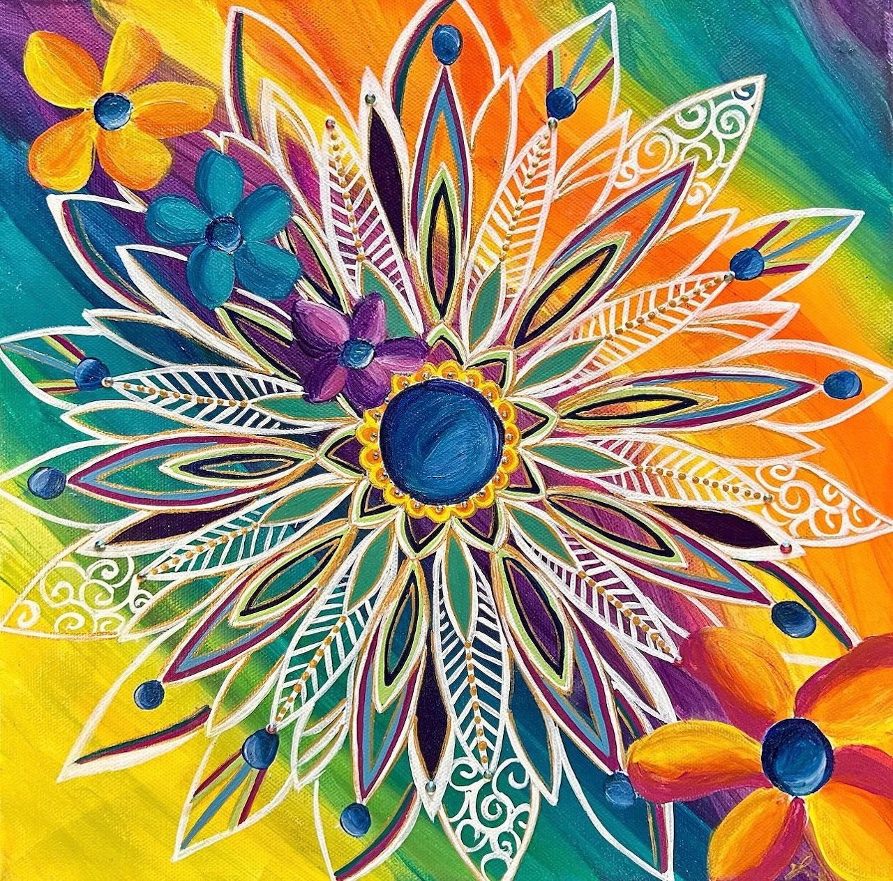 Colorful mandala with symmetrical layered petals in orange, yellow, purple, and teal with intricate white patterns