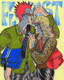 Illustration of a punk man with red mohawk and a blonde woman in leopard coat facing each other