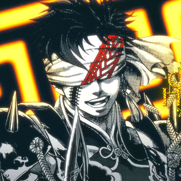 Anime character with black hair, red markings, white robes, and golden flames behind