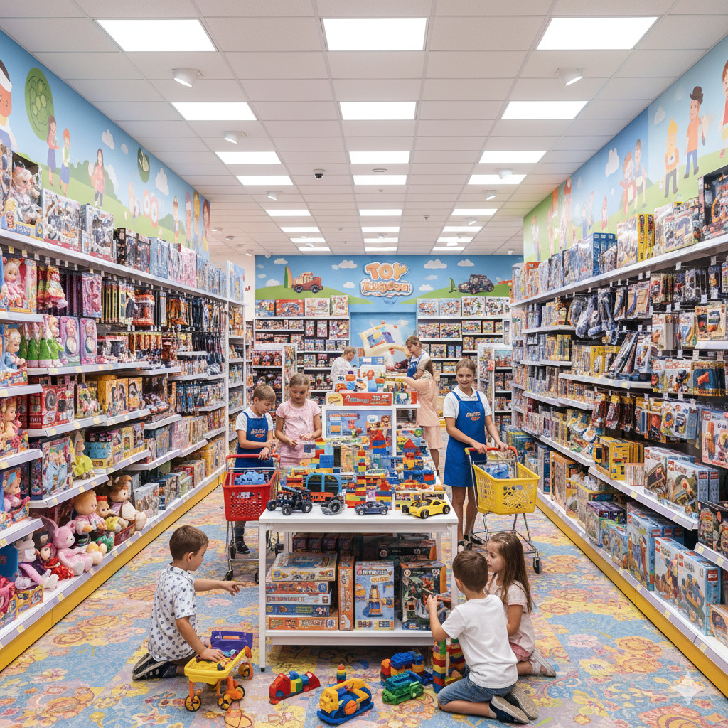 Children playing with toys in a colorful toy store aisle with shelves on both sides
