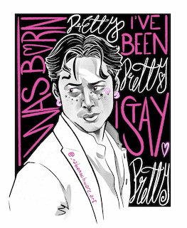 Pink and black illustration of a young man in white suit with decorative hand-lettered text about being pretty
