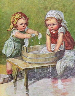Vintage illustration of two small children doing laundry in a wooden washtub on a stool