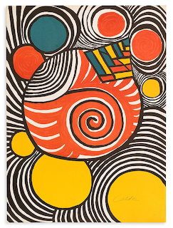Abstract art with black and white spirals, orange and yellow circles, and colorful geometric shapes on white background