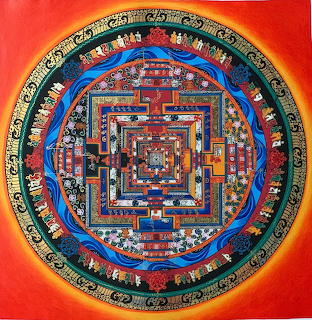 Colorful circular Tibetan Buddhist mandala with intricate geometric patterns and architectural detail on red background