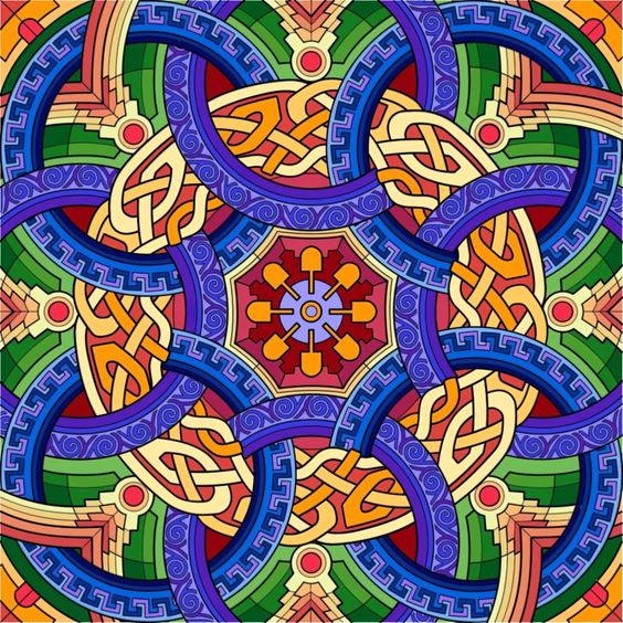 Colorful mandala with symmetrical geometric patterns and Celtic knots in blue, orange, green, and red
