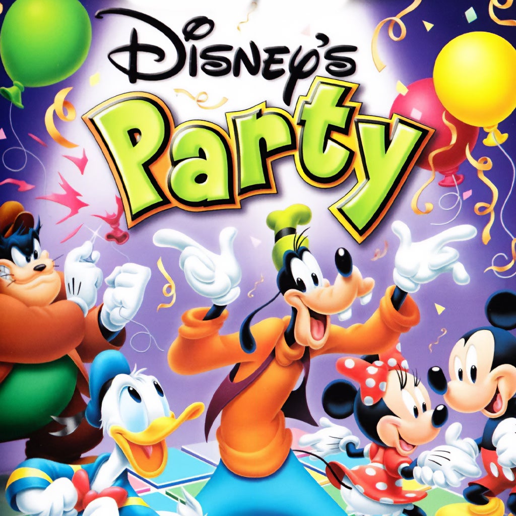 Disney characters Mickey, Donald, Goofy and Minnie celebrating at a party with balloons and confetti