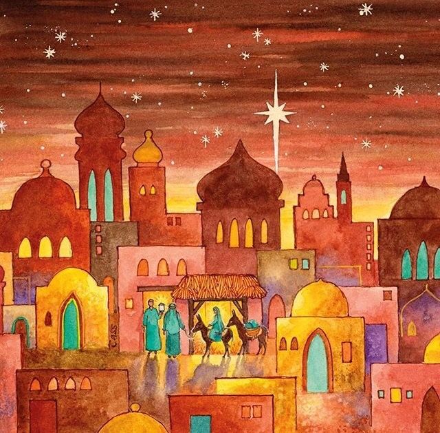 Watercolor nativity scene with holy family in manger under star, Middle Eastern city backdrop with domes and warm sunset sky