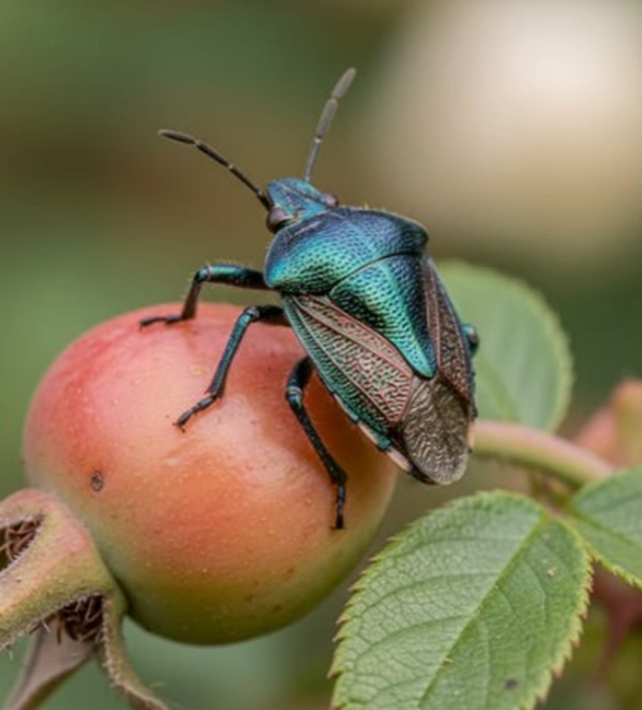 Iridescent green and bronze shield bug sitting on a small red-orange fruit with green leaves