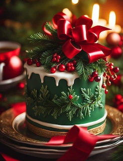Christmas cake with green frosting, pine branches, red berries, and red bow topper, surrounded by candles