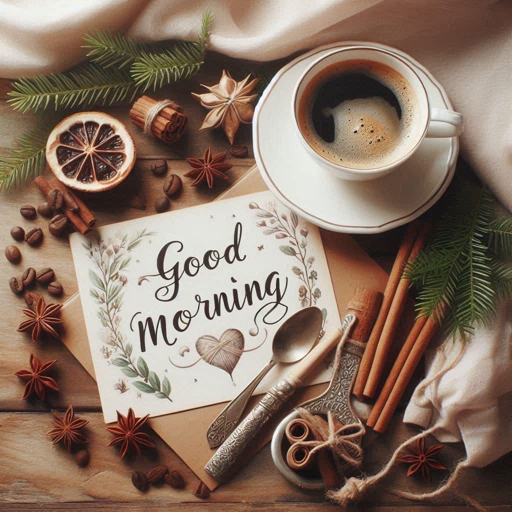 Coffee cup on saucer with Good Morning card, cinnamon sticks, star anise, pine branches, and coffee beans arranged on fabric