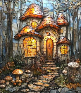 Fantasy cottage made of mushrooms with glowing windows in an enchanted forest garden