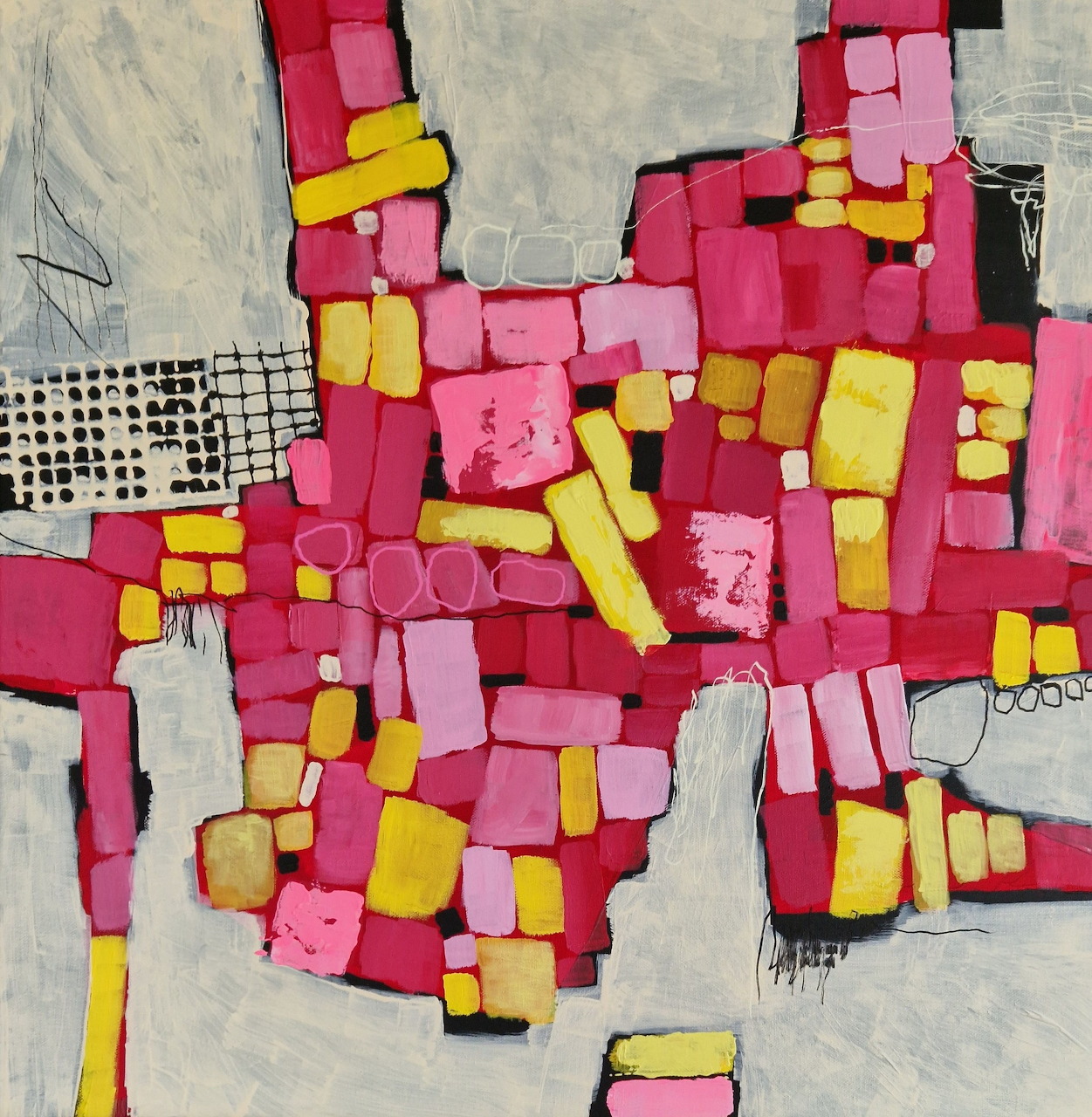 Abstract painting of pink and yellow block shapes on a pale textured background