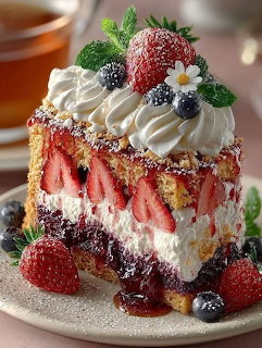 Slice of berry cake with whipped cream, strawberries, blueberries, blackberries, and mint on a plate
