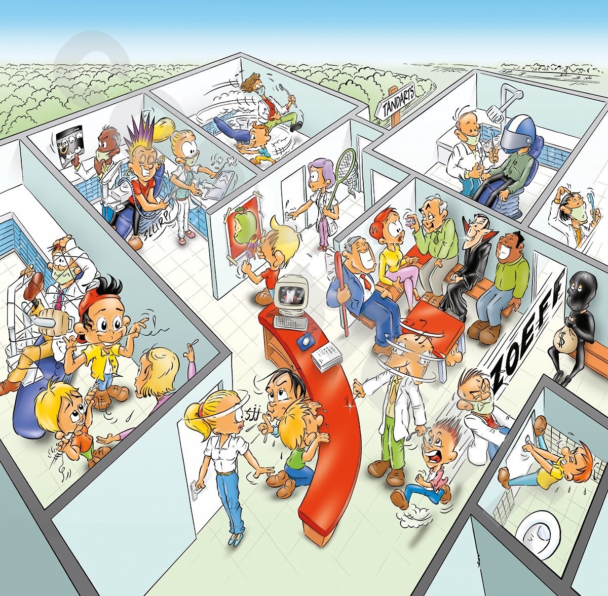 Illustrated overhead view of busy hospital waiting room with many patients and families in colorful cartoon style