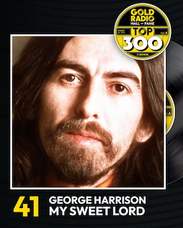 Close-up portrait of George Harrison on a dark cover with yellow and white text