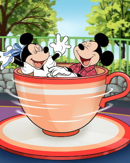 Mickey and Minnie Mouse in an orange teacup with outdoor background
