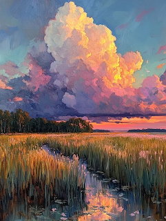 Painting of a marsh at sunset with reeds, water, and large glowing clouds