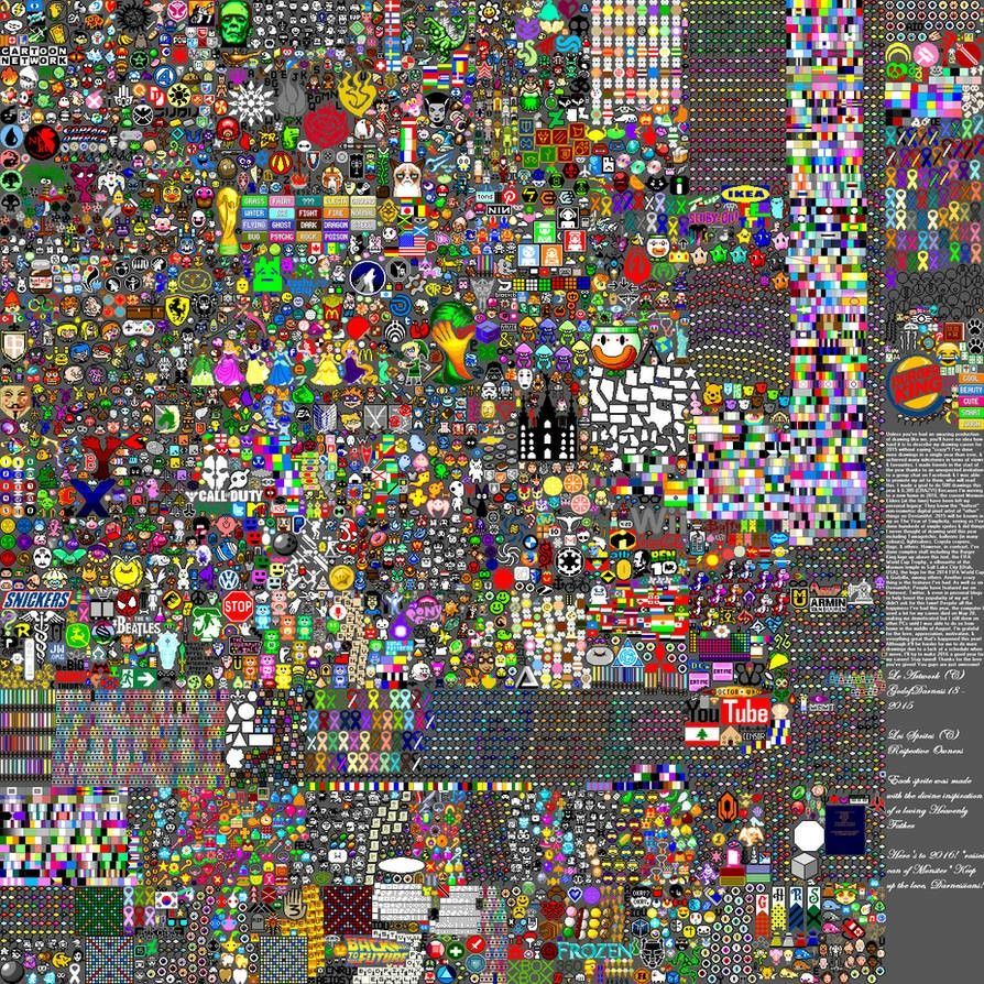 Dense mosaic grid filled with hundreds of tiny colorful icons, emoji, symbols, and pixel art in a chaotic digital collage