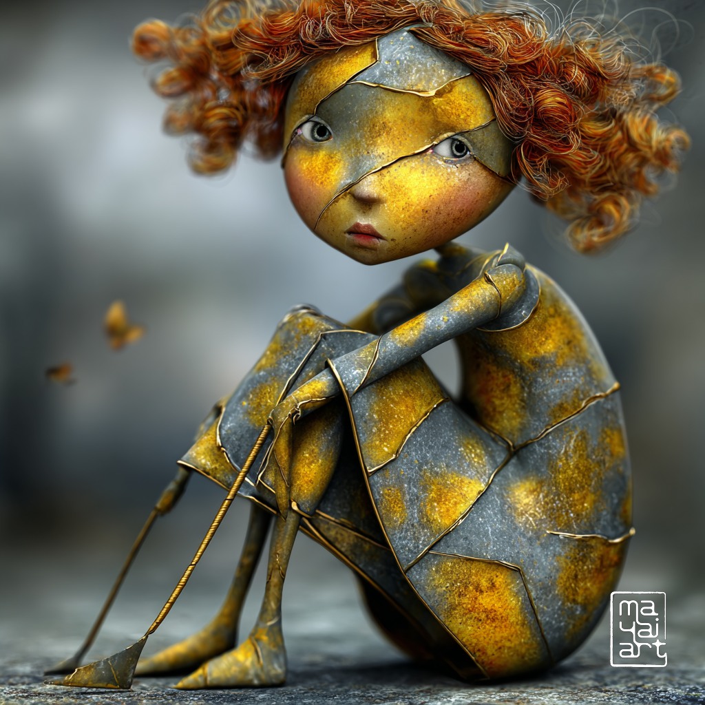 Weathered doll with orange curly hair and crutches sitting against dark background