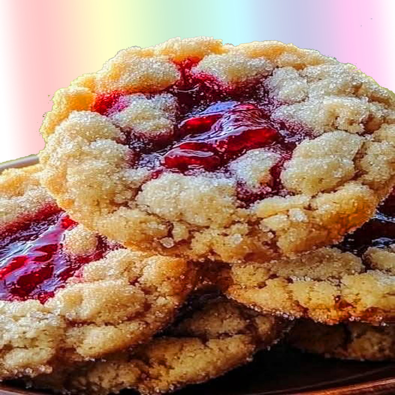 Stack of raspberry thumbprint cookies with crumbly edges and red jam centers