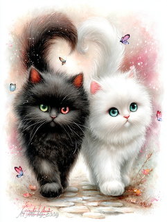 Illustration of a fluffy black kitten and white kitten walking side by side with curled tails and butterflies